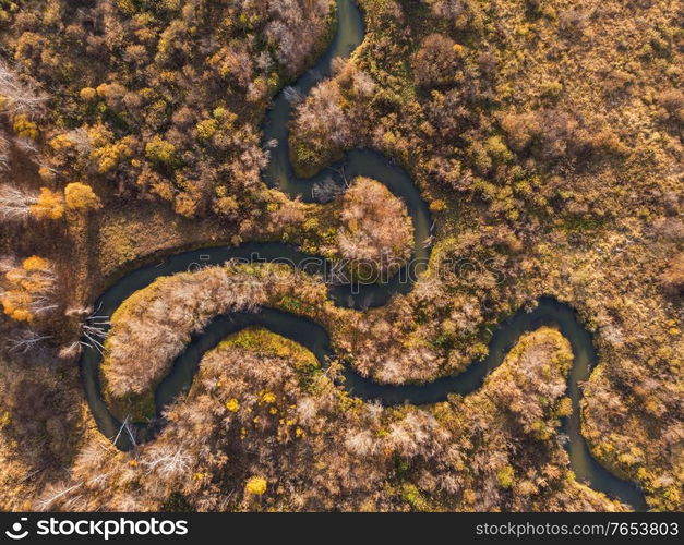 Aerial drone view of autumn landscape with river.. autumn landscape with river.