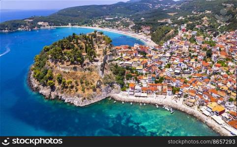 Aerial drone view of Parga colorful town and popular tourist resort in Epirus, Greece