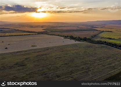 Aerial drone view of plowed and green fields, trees at sunset, agriculture concept. Countryside farmland in the summer