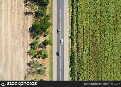 Aerial drone view of stripped sunflower field and dried empty field divided with trees and a highway