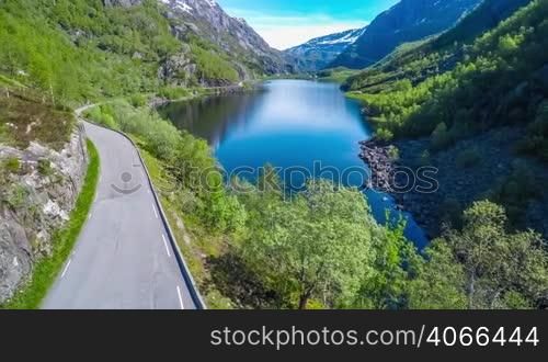 Aerial footage Beautiful Nature Norway. Flying over the lakes and fjords.View from the bird&acute;s-eye view.