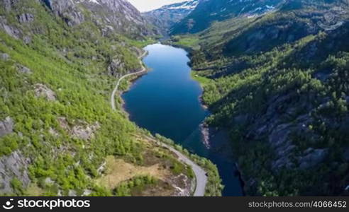 Aerial footage Beautiful Nature Norway. Flying over the lakes and fjords.View from the bird&acute;s-eye view.