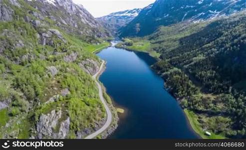 Aerial footage Beautiful Nature Norway. Flying over the lakes and fjords.View from the bird&acute;s-eye view.