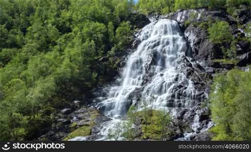 Aerial footage from Tvindefossen waterfall from the bird&acute;s-eye view, Norway