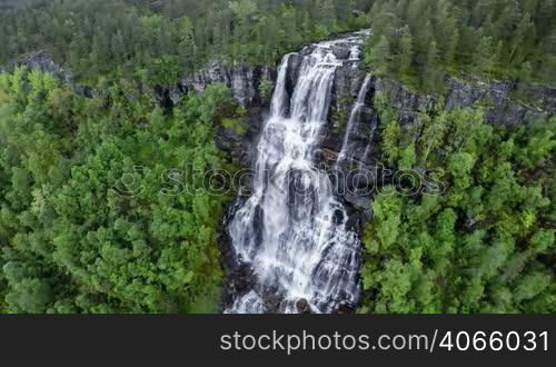 Aerial footage from Tvindefossen waterfall from the bird&acute;s-eye view, Norway