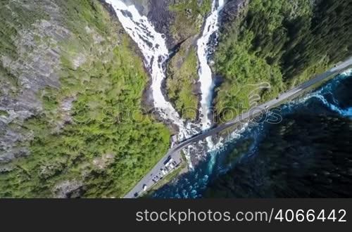 Aerial footage Latefossen Waterfall Odda Norway. Latefoss is a powerful, twin waterfall. View from the bird&acute;s-eye view.