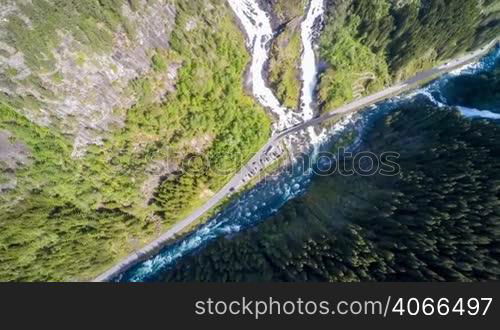 Aerial footage Latefossen Waterfall Odda Norway. Latefoss is a powerful, twin waterfall. View from the bird&acute;s-eye view.