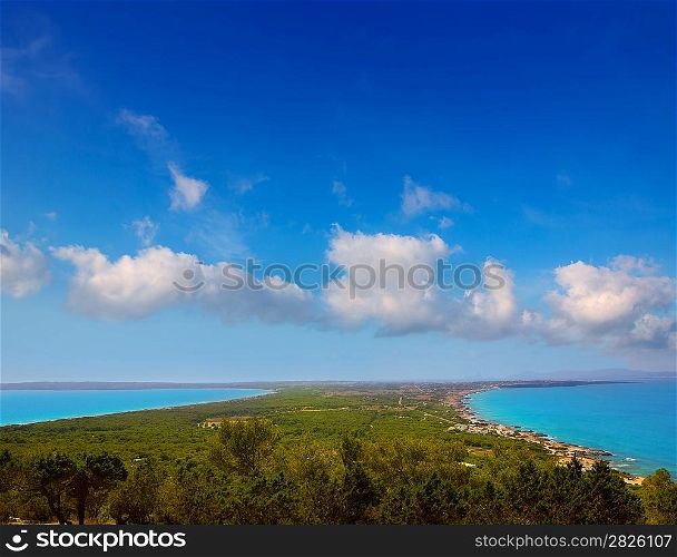 Aerial formentera view with north and south beach unde blue sky