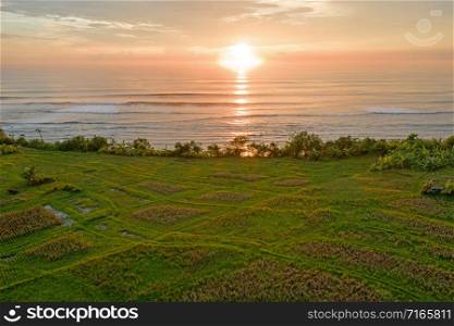 Aerial from a balinese landscape with rice fields and the indian ocean on the west coast from Bali in Indonesia at sunset