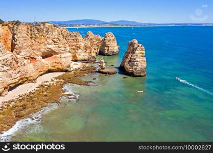 Aerial from a beautiful beach in Lagos in the Algarve Portugal