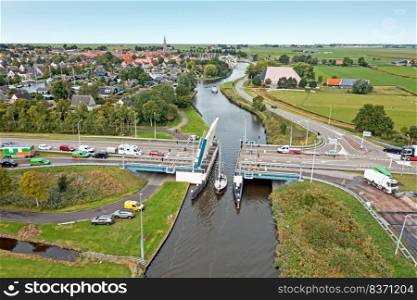 Aerial from a drawbridge, the Noorderbrug near the city Workum in Friesland the Netherlands