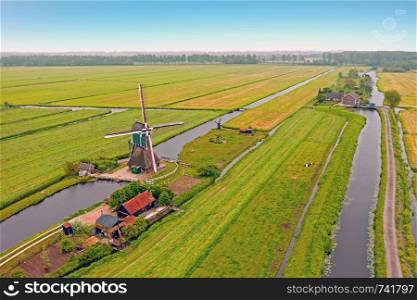 Aerial from a traditoinal windmill in the countryside from the Netherlands