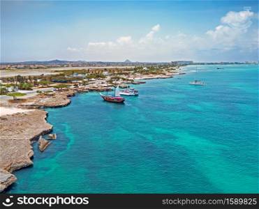 Aerial from Aruba island with Palm Beach in the Caribbean Sea