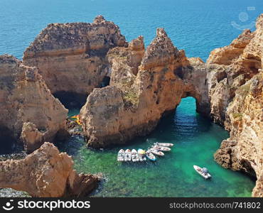 Aerial from natural rocks at Ponte Piedade in Lagos Portuga,