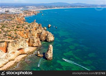 Aerial from natural rocks at Ponte Piedade in Lagos Portugal