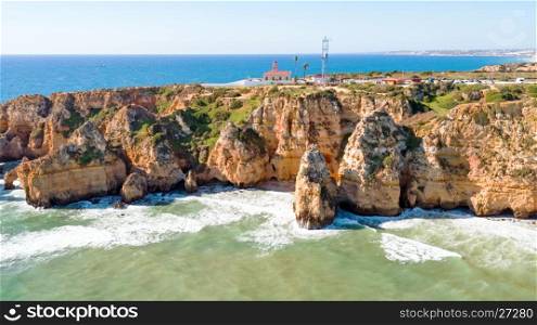 Aerial from Ponte Piedade with the Lighthouse in Lagos Portugal