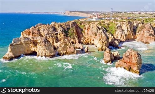 Aerial from Ponte Piedade with the Lighthouse in Lagos Portugal