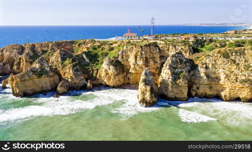 Aerial from Ponte Piedade with the Lighthouse in Lagos Portugal