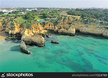 Aerial from Praia Tres Irmaos in Alvor the Algarve Portugal