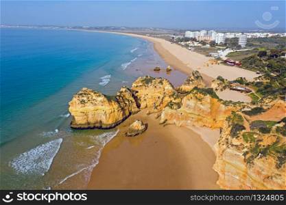 Aerial from Praia Tres Irmaos in Alvor the Algarve Portugal