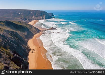 Aerial from Praia Vila de Bispo in the Algarve Portugal