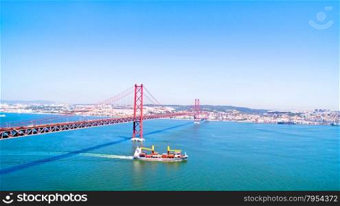 Aerial from the 25 Abril bridge in Lisbon Portugal