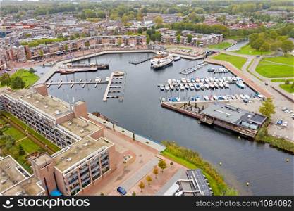 Aerial from the city and harbour in Almere in the Netherlands