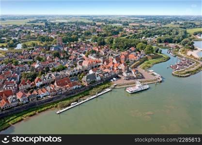 Aerial from the city Woudrichem at the river Merwede in the Netherlands
