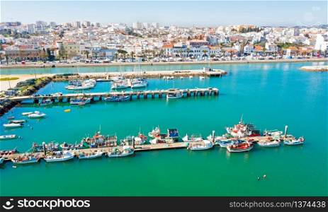 Aerial from the harbor and city Lagos Portugal