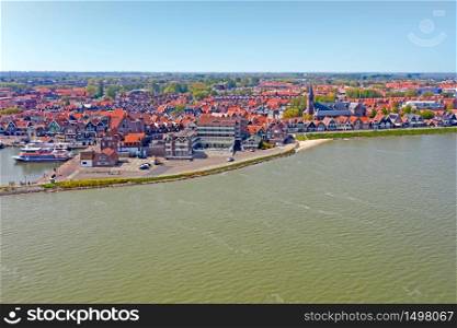 Aerial from the harbor and traditional village Volendam in the Netherlands
