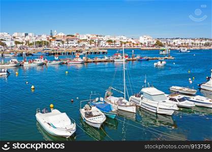 Aerial from the harbor in Lagos in the Algarve Portugal