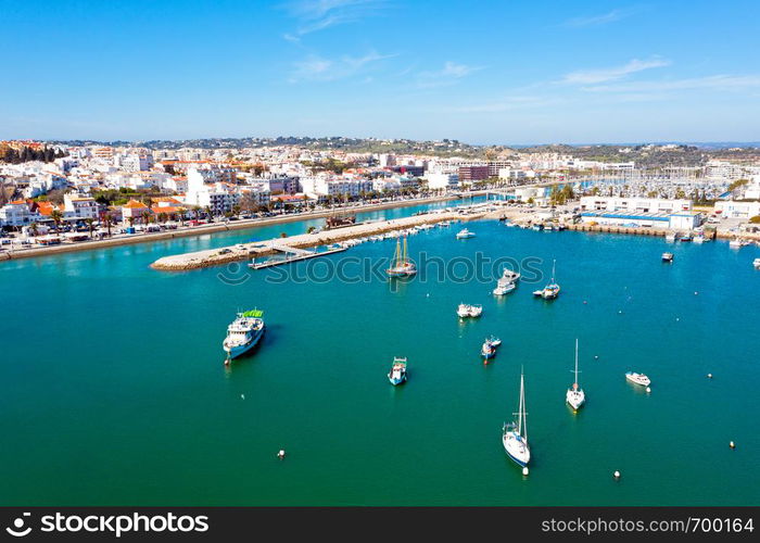 Aerial from the harbor in Lagos Portugal