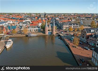 Aerial from the historical city Sneek in Friesland the Netherlands