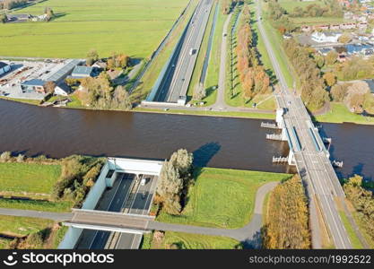 Aerial from the Princes Margriet Aquaduct at the highway A7 near Uitwellingerga in the Netherlands