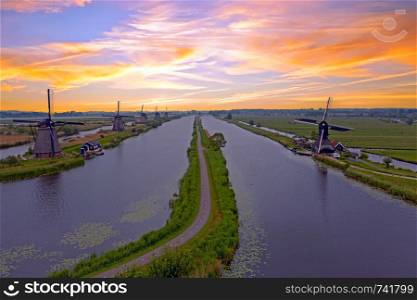 Aerial from traditional windmills at Kinderdijk in the Netherlands