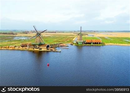 Aerial from traditional windmills at Zaanse Schans in the Netherlands