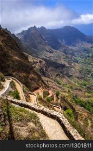 Aerial Hiking trail in Paul Valley, Santo Antao island, Cape Verde, Africa. Aerial Hiking trail in Paul Valley, Santo Antao island, Cape Verde