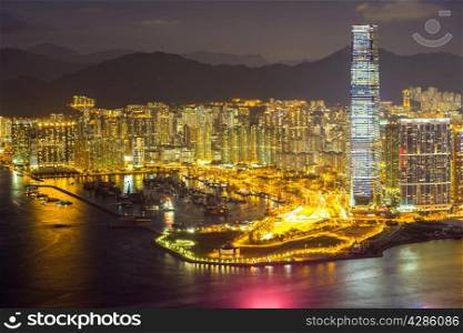 Aerial Hong Kong Skyline from Victoria Peak at night