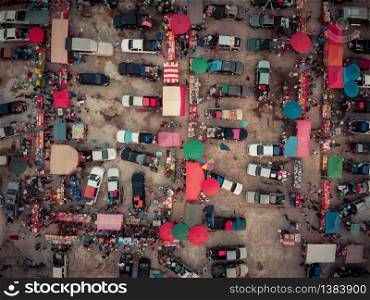 Aerial image, flea market, there are people Lots of cars and shops
