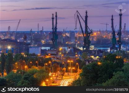 Aerial industrial view of the Gdansk Shipyard at night, Poland