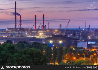 Aerial industrial view of the Gdansk Shipyard at night, Poland