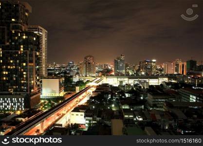 aerial landscape of bangkok downtown cityscape with sky train intersection