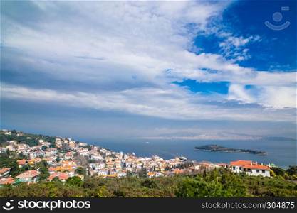 Aerial landscape view of Burgazada is third largest of Princes Islands in the Sea of Marmara, near Istanbul, Turkey.28 February 2015. Aerial landscape view of Burgazada is third largest of Princes Islands