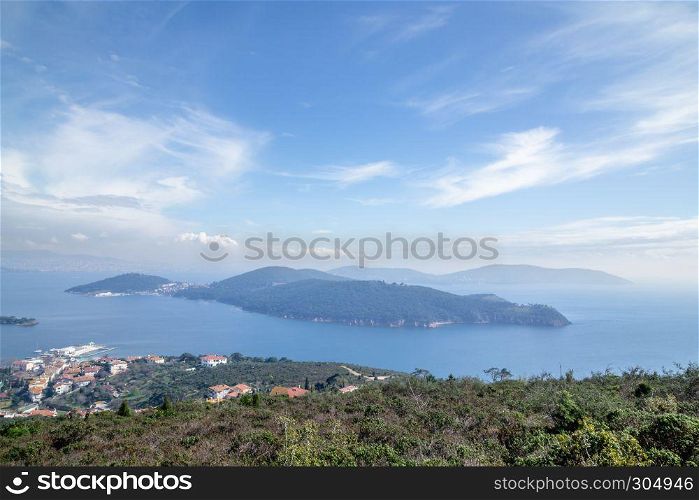 Aerial landscape view of Burgazada is third largest of Princes Islands in the Sea of Marmara, near Istanbul, Turkey.28 February 2015. Aerial landscape view of Burgazada is third largest of Princes Islands