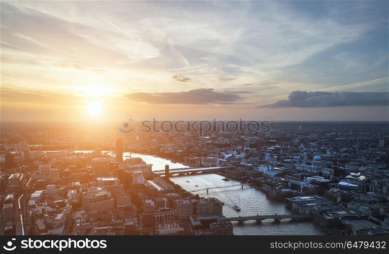 Aerial landscape view of London cityscape skyline with iconic la. Places. Aerial landscape view of London cityscape skyline with iconic landmark buildings in The City with dramatic sky