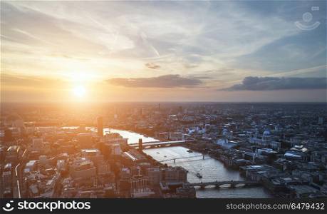 Aerial landscape view of London cityscape skyline with iconic la. Places. Aerial landscape view of London cityscape skyline with iconic landmark buildings in The City with dramatic sky