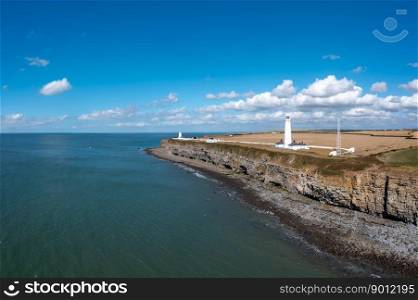 aerial landscape view of the Nash Point Lighthouse and Monknash Coast in South Wales