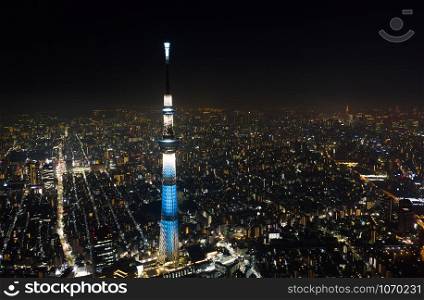 Aerial landscape view of Tokyo Skytree at night with Tokyo Tower in background. Japan tourism, Japanese cityscape landmark, Asia travel destination, or modern building architecture concept