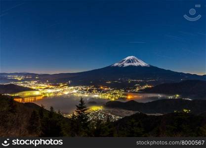aerial Mount Fuji with kawaguchiko Lake at night