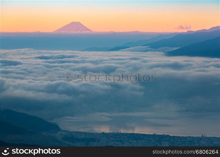 aerial Mount Fuji with Suwako Lake sunrise Takabochi